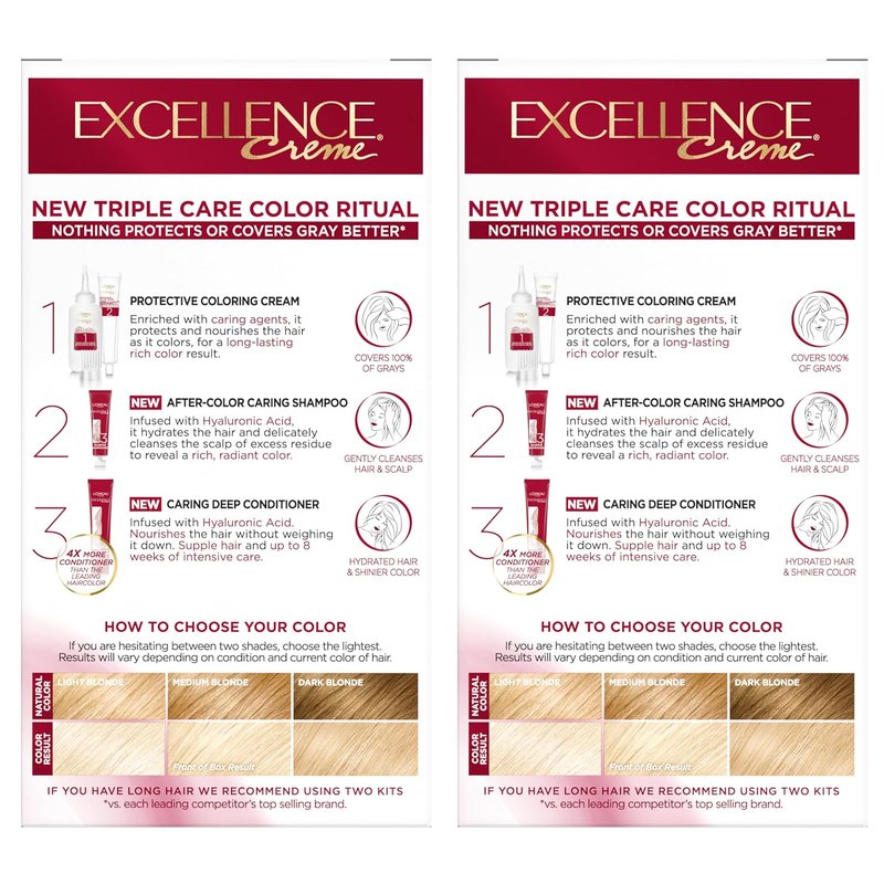 L'Oreal Paris Excellence Crème Permanent Hair Dye, Triple Care Hair Color with Hyaluronic Acid for 100% Gray Coverage, 9.5NB Lightest Natural Blonde, 1 Kit (Pack of 2) (Packaging May Vary)