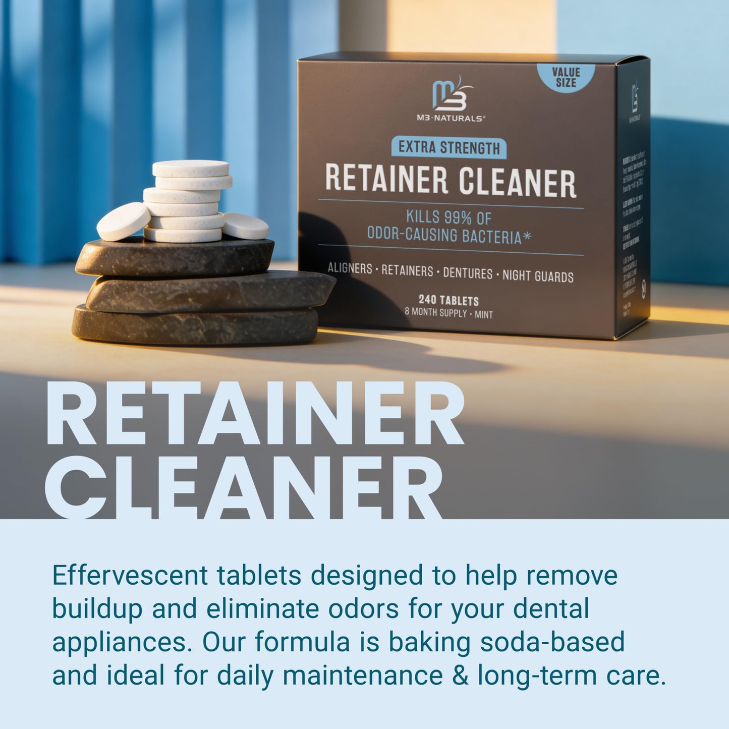Retainer and Denture Cleansers Tablets, 8 Month Supply, Removes Bad Odors Discoloration Stains Plaque for Cleaning Invisalign Mouth Guard Night Guard and Removable Dental Appliances by M3