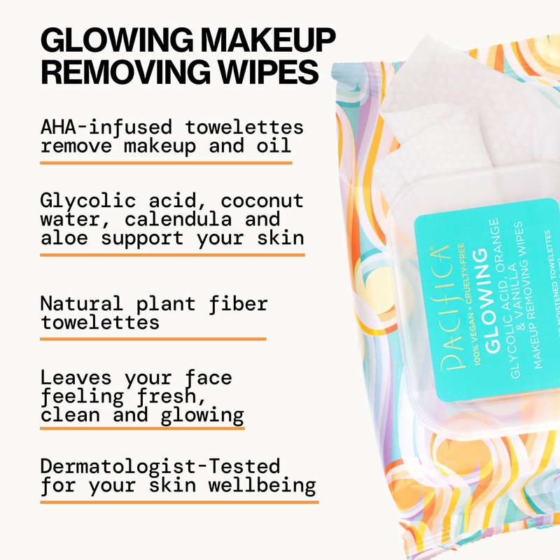 Pacifica Beauty, Glowing Makeup Remover Wipes, Glycolic Acid, Coconut Water, Aloe Infused, Daily Cleansing, Exfoliating, Clean Skin Care, Plant Fiber Facial Towelettes, Vegan & Cruelty Free