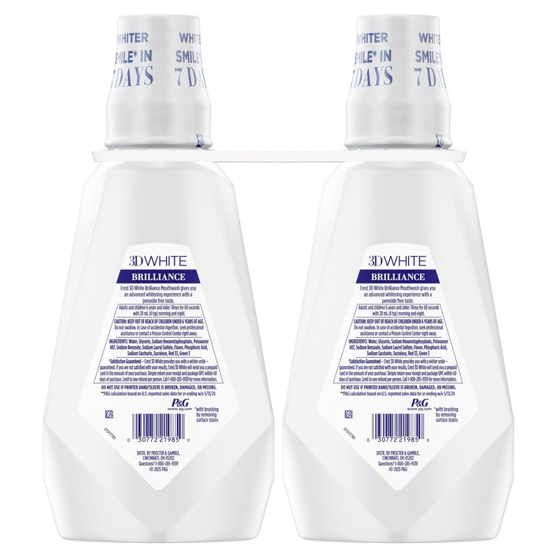 Crest 3D White Mouthwash, Teeth Whitening for Adults, 1L, 2 Pack, Alcohol Free Mouth Rinse, Breath Freshener, Antibacterial, Antiseptic, Bad Breath Treatment, Peroxide Free, Clean Mint