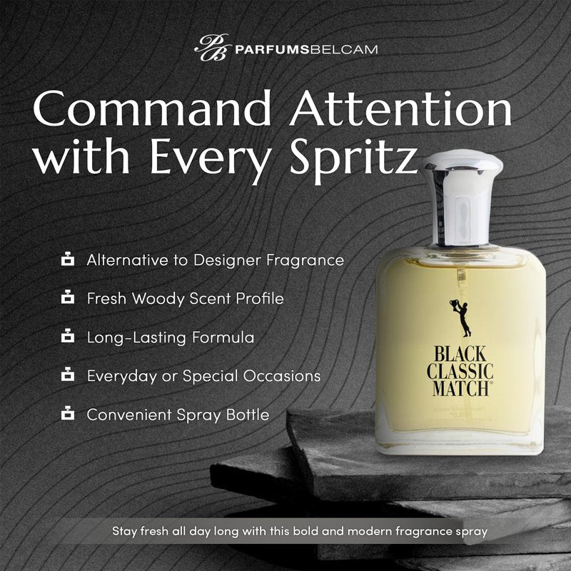 PB ParfumsBelcam Black Classic Match Eau De Toilette Spray for Men – 2.5 Fl. Oz Affordable, Long-Lasting Fresh Woody Fragrance with Leafy Green, Citrus, Sandalwood & Patchouli for Day & Night Use