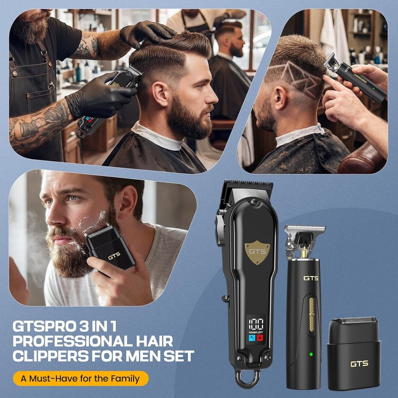 Professional Hair Clippers for Men - Cordless Haircut Kit with Beard Trimmer & IPX7 Electric Shaver | Rechargeable Barber Clippers, LED Display, Black
