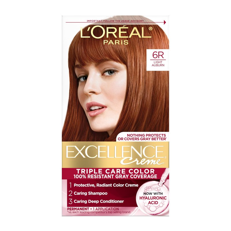 L'Oreal Paris Excellence Crème Permanent Hair Dye, Triple Care Hair Color with Hyaluronic Acid for 100% Gray Coverage, 6R Light Auburn, 1 Kit (Packaging May Vary)
