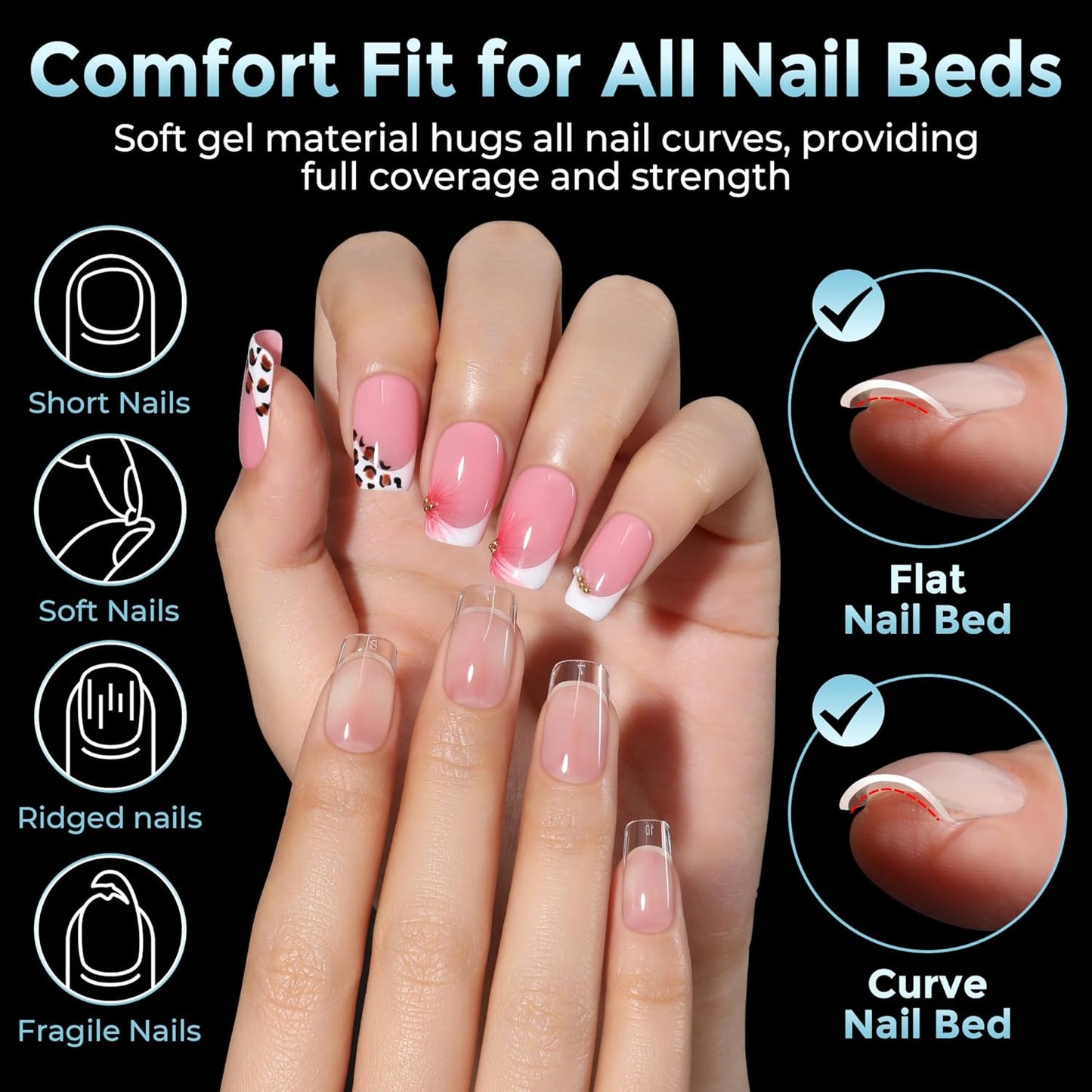 Skiennix Short Square Nail Tips - 360Pcs Full Cover Press-On Acrylic Nails | Half Matte Clear, 12 Sizes