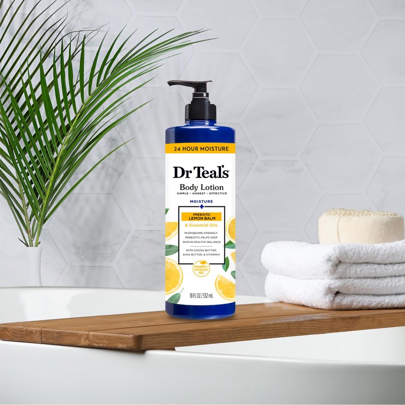 Dr Teal's Lemon Prebiotic Body Lotion with Lemon Balm & Essential Oils, 24-Hour Moisture, 18 fl oz (Pack of 3)