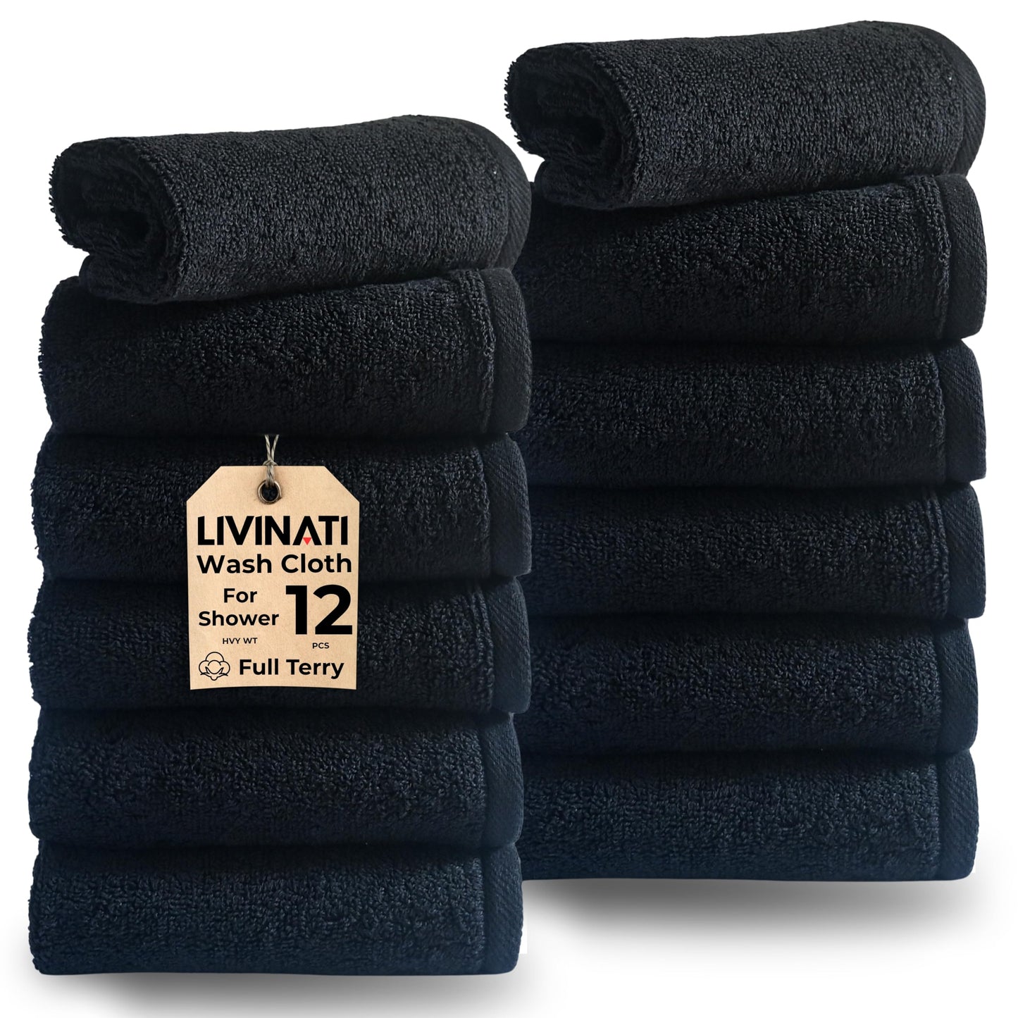LIVINATI Thick Black 100% Cotton Wash Cloths for Showering Body and Face - 12"X12" 12 Pack Washcloths - Small Terry Towel Bath Rags for Adults and Kids Bathroom - Soft Absorbent