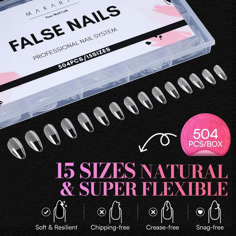 Makartt Almond Nail Tips - 504 PCS Pre-Etched Clear False Nails in 15 Sizes for Salon & DIY Use