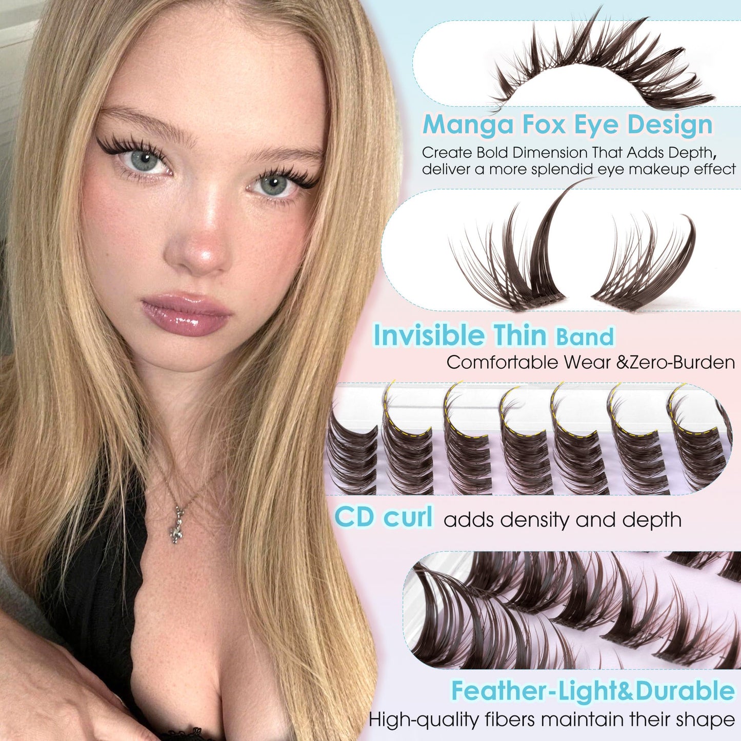 Winifred Brown Lash Clusters Pre-Mapped Cat Eye Lashes Manga Cluster Eyelash Extensions Fox Eye Lash Clusters Anime Lashes Fairy Eyelash Cluster Left&Right Individual Lashes