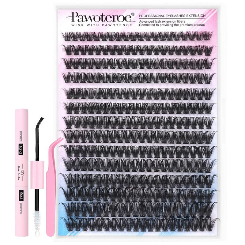 Lash Extension Kit - 280pcs Individual Lash Clusters 50D | 9-16mm with Bond, Seal & Tweezers for DIY Application