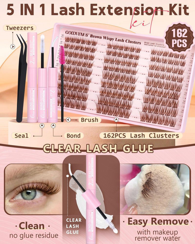 Goddvenus Brown Wispy Lash Clusters Kit Natural Cluster Eyelash Extensions Kit False Eyelashes Clusters Fluffy DIY Individual Lash Extensions Kit C Curl