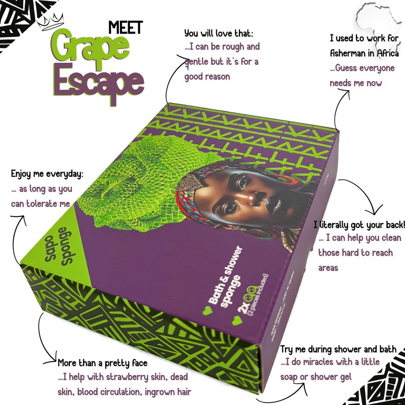 African Net Sponge, Premium Authentic Exfoliating Body Scrubber, Extra Long Stretch Bath Sponge for Shower, Deep Exfoliating Washcloth for Smooth Skin, 2 Pack (Purple & Green)