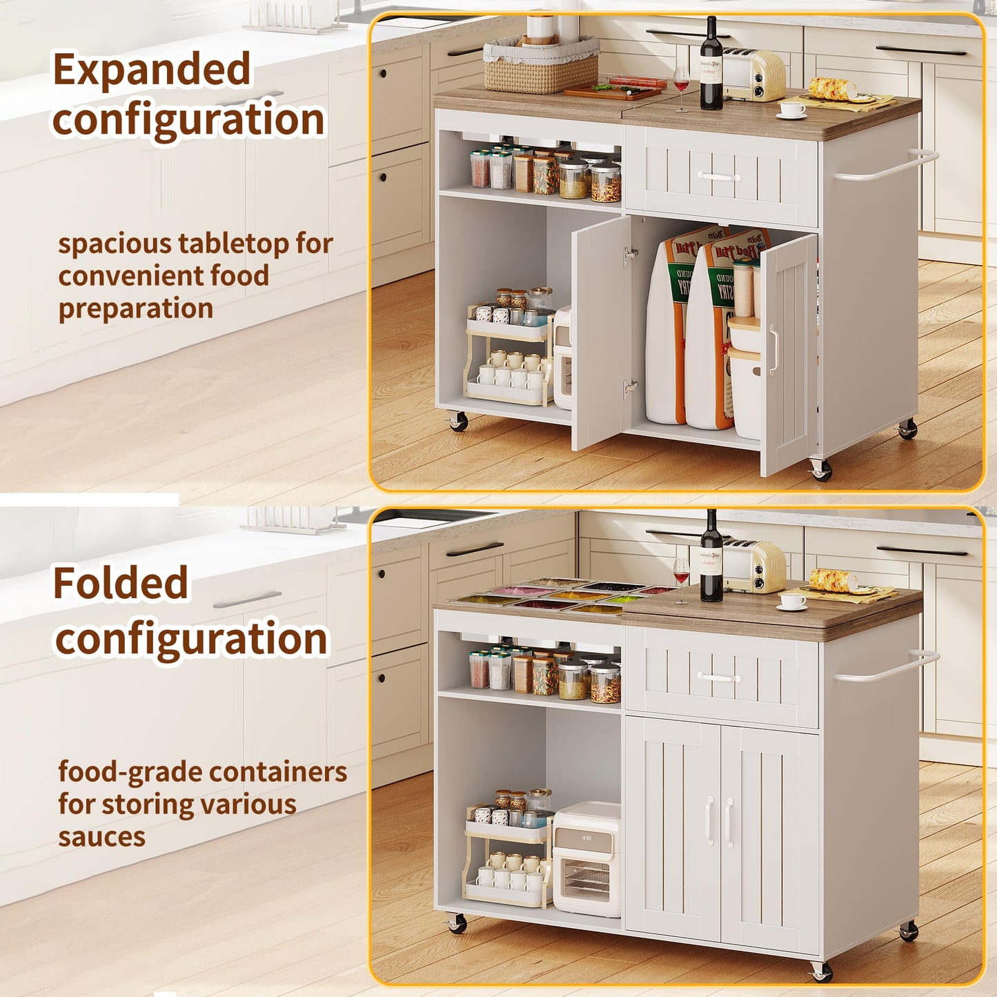 WLLPNG 47.2" Rolling Kitchen Island with Storage and 9 Stainless Steel Food Pans, Kitchen Island with Drawers and Foldable Prep Surface, Charcuterie Cart Island Table for Kitchen Party