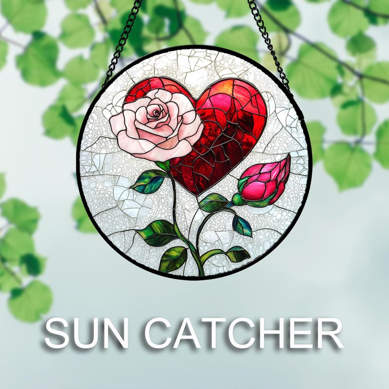 QZQCBLC Stained Glass Window Hanging Red Heart Pink Rose Flower 7.8" - Suncatcher Door Garden Sun Catcher Decor Birthday Anniversary Valentines Day Gifts for Woman Wife Men Her Him Lovers Mom
