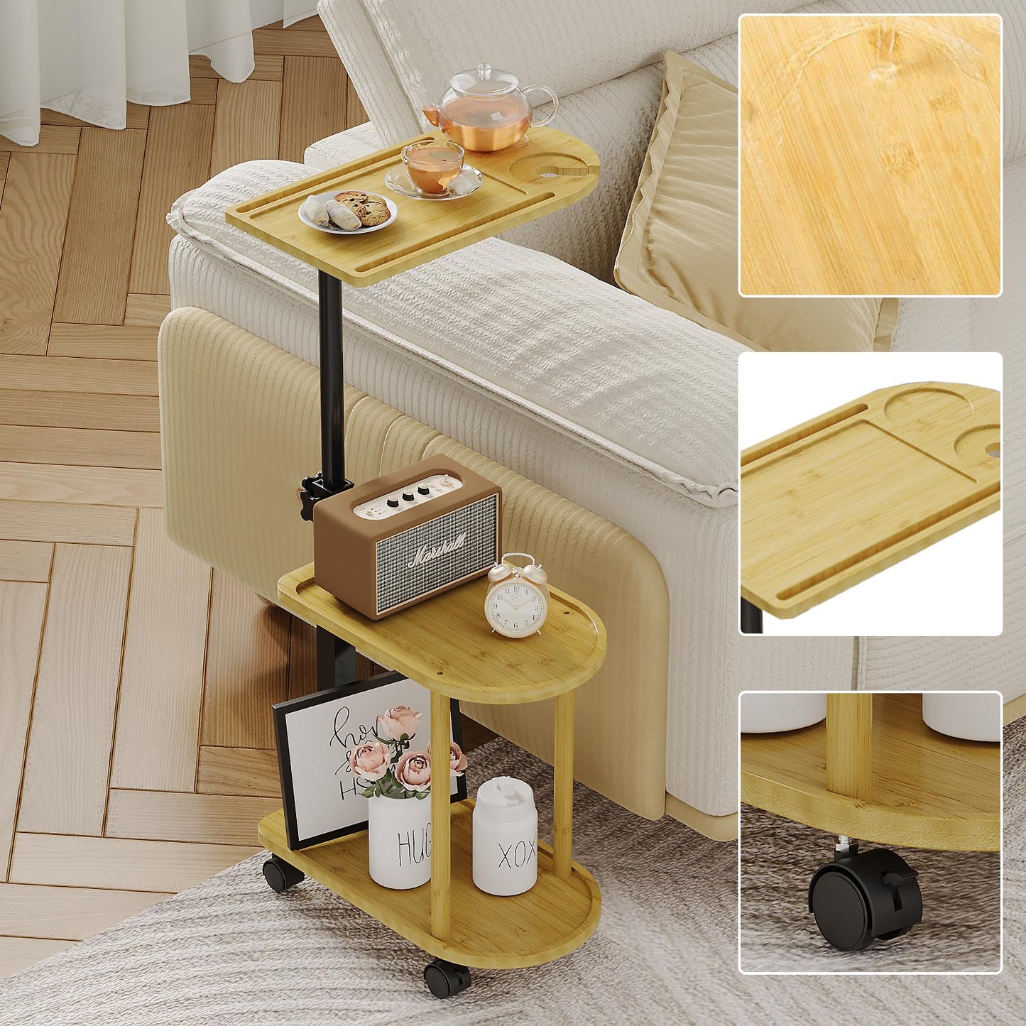 Welfuturer Bamboo 3 Layer Rotating Bathtub Tray Table, Adjustable Height Freestanding Caddy Shelf for Plants & Bath Essentials,Spa Side Table for Tub,Multifunctional Bamboo Stand Organizer,Natural