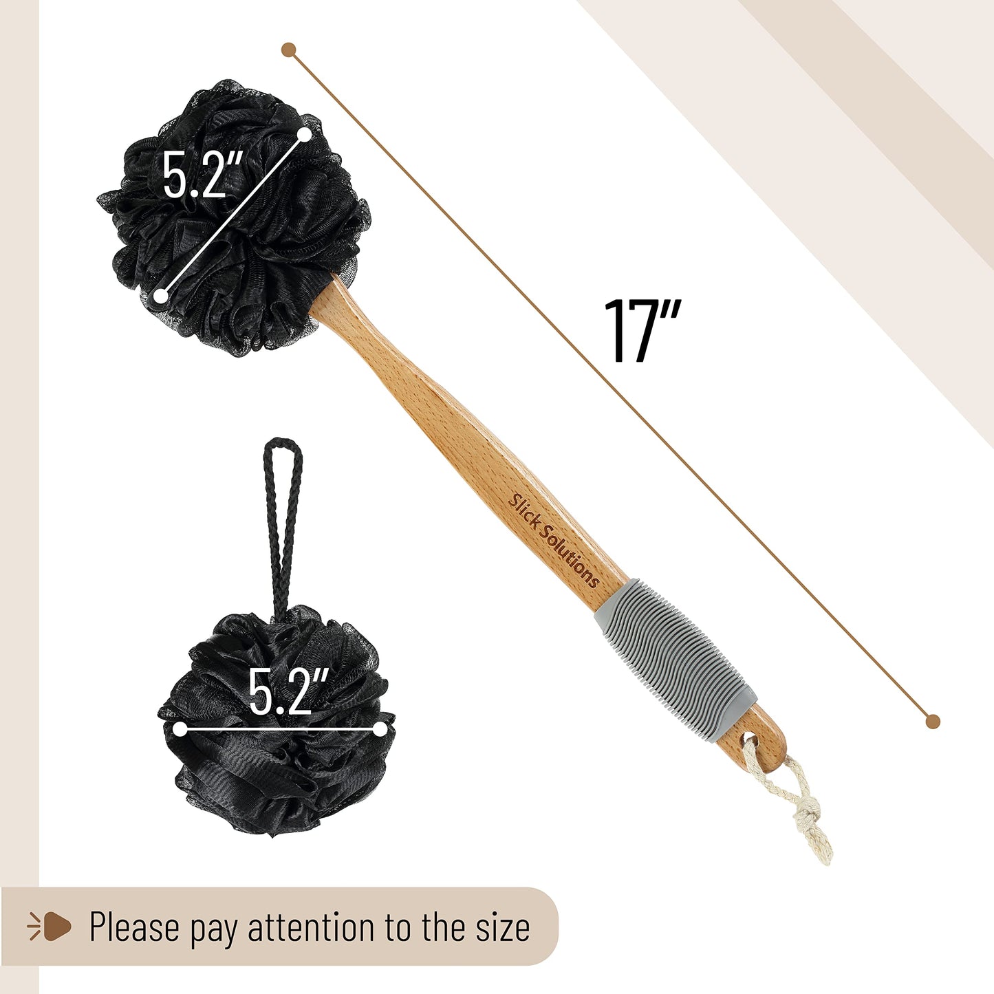 Slick- Loofah with Handle, 17", Gray, Loofah Back Scrubber with Long Wooden Handle, Shower Supplies