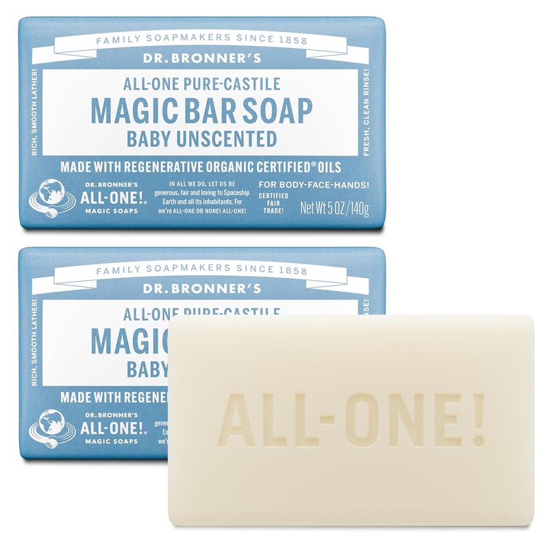 Dr. Bronner's Pure-Castile Baby Soap Bars - Unscented, Gentle for Sensitive Skin | 2 Pack, 5 oz