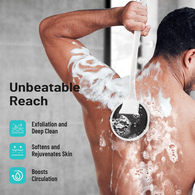 Silicone Back Scrubber for Shower - 16'' Detachable Long Handle Exfoliating Brush, 2025 Upgrade Loop Fin Bristles Body Brush, Deep Cleansing for All Skin, Back Washer for Men and Women (Black)