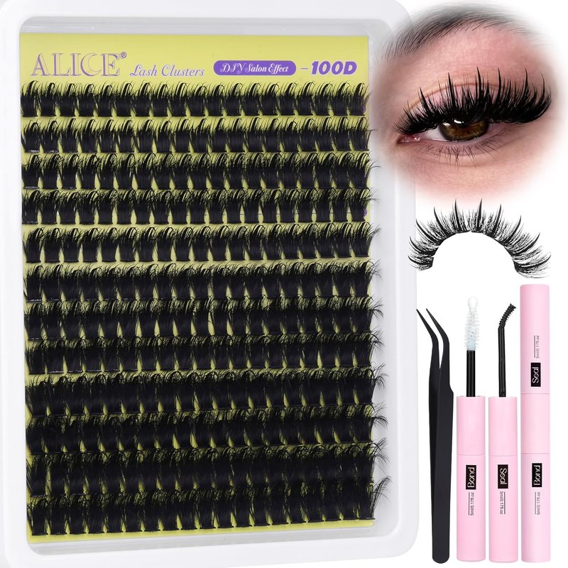 ALICE Eyelash Clusters Kit - 100D Thick Volume with Lash Glue & Tweezers | 228pcs D-Curly Extensions