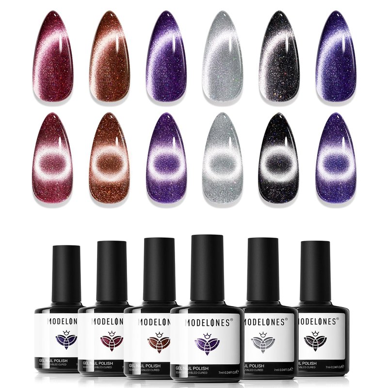 modelones Cat Eye Gel Nail Polish Set, 6 Colors Winter 9D Glassy Cat Eye Glitter Gel Polish Black Red Purple Blue Silver Brown Nail Polish with Magnet Soak Off LED DIY Salon Gift