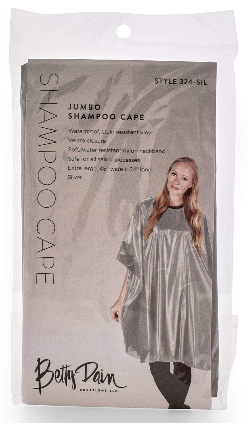 Betty Dain Jumbo Shampoo Cape, 45" W x 54" L, Waterproof and Stain-resistant Vinyl, Soft Nylon Neckband, Touch-and-close Fastener, Machine Washable, Silver