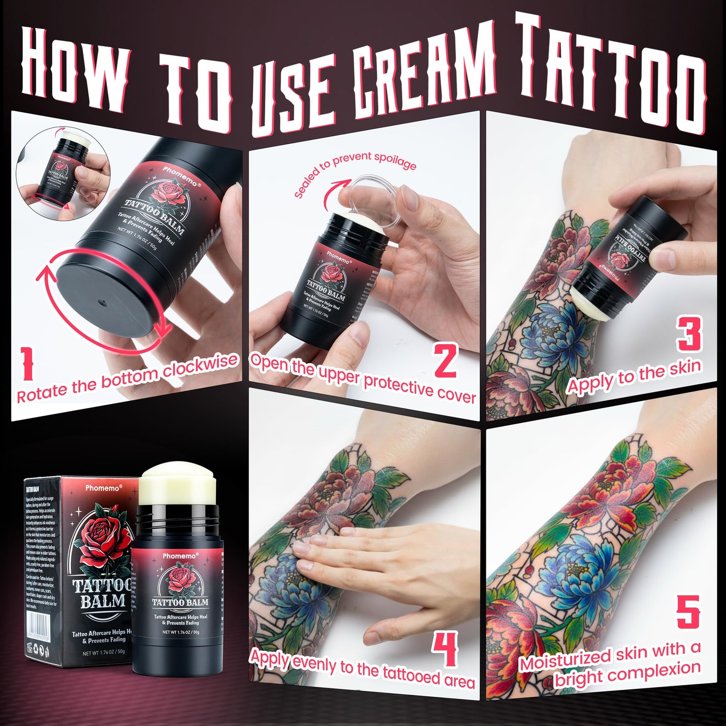 Phomemo Tattoo Aftercare Balm, 1.76oz Tattoo Balm Butter for New & Old Tattoos Healing, Moisturizing, Brightening, 100% Natural & Petroleum-Free Tattoo Cream