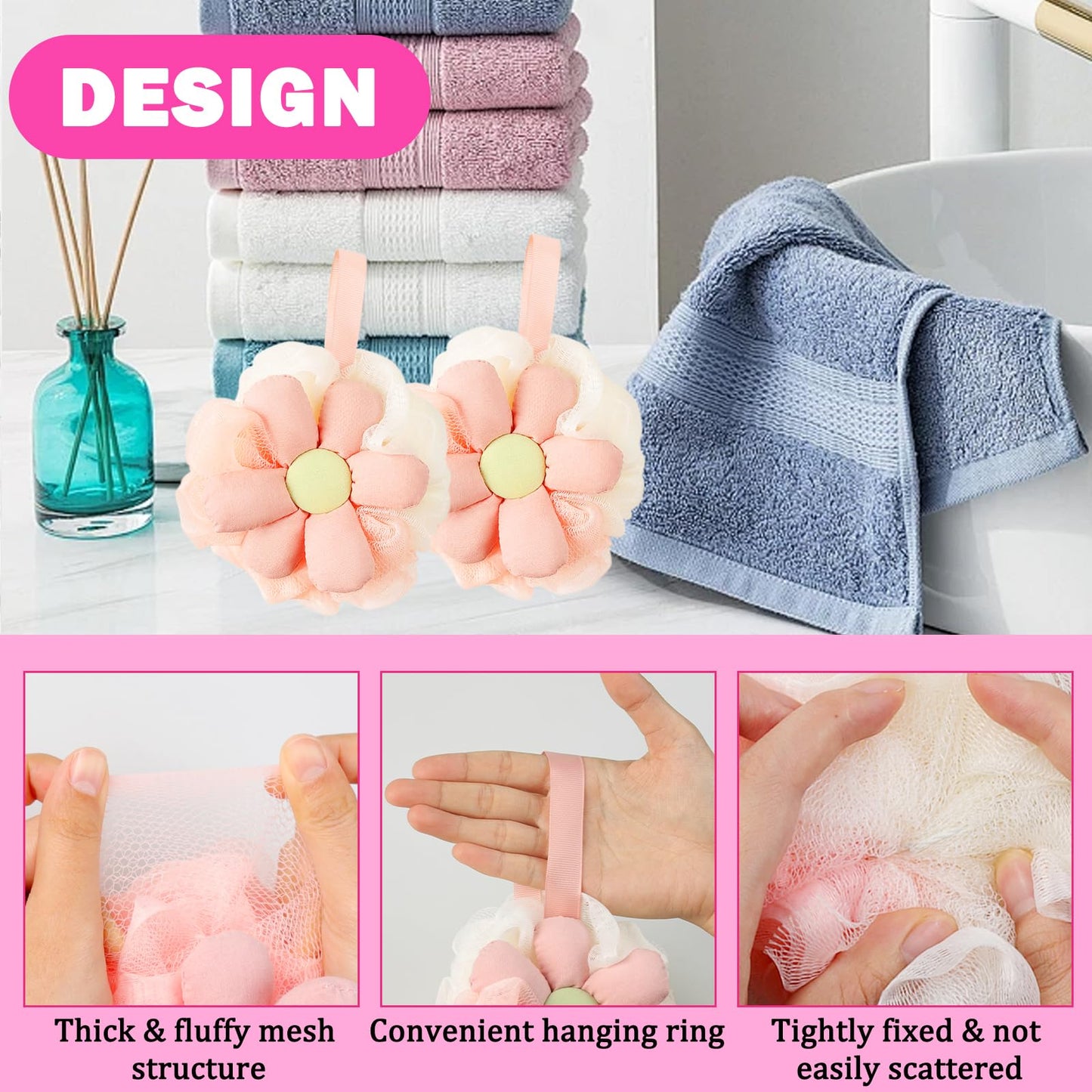 2PCS Cute Flower Bath Sponges Loofah Mesh Pouf Body Scrubber Exfoliating Shower Sponge for Women Shower Puff Soft Loofah Sponge Ball Bath Sponge for Sensitive Skin in Beauty Bathing Accessories