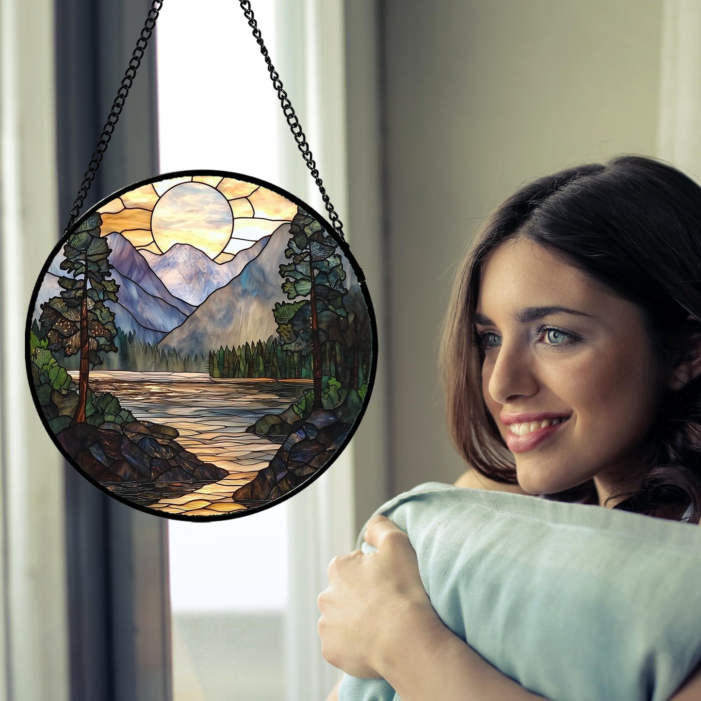 AMDERVEN Stained Glass Window Hanging, Sunset Mountains Lake Tree Sun Catcher for Window Home Decor Landscape Suncatcher Mother's Day Birthday Gifts for Women Men Mom and Nana 15 in