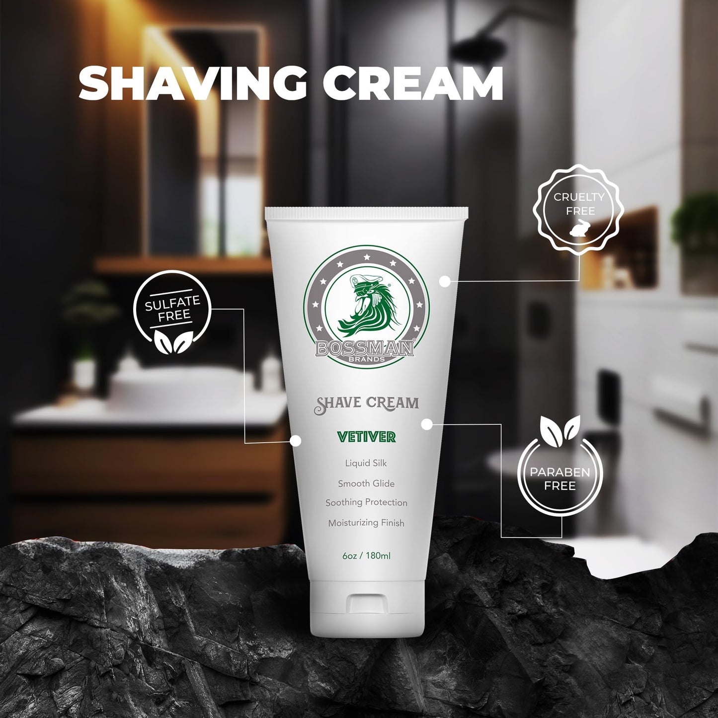 Bossman Liquid Silk Shave Cream for Men – Sensitive Skin Formula, Smooth Glide, & Soothing Protection – Moisturizing Finish (Vetiver X Scent)