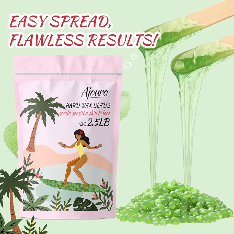 Ajoura Aloe Hard Wax Beads - Premium 2.5LB for Sensitive Skin Hair Removal | Ideal for Full Body & Facial Waxing (Green)