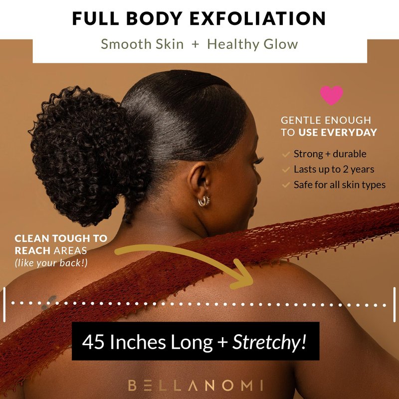 BELLANOMI African Exfoliating Net Sponge, Authentic, Ethically sourced from Nigeria, 45 inches Long, Back Scrubber for Daily use (Copper Brown)