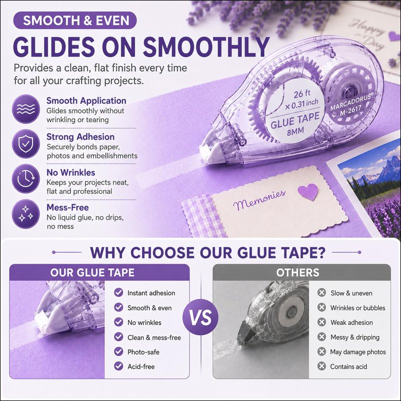 Glue Tape for Scrapbooking, Scrapbook Tape 4 Pcs, Double Sided Tape Roller for Crafts, 26 Ft x 0.31 In Tape Runner, Junk Journal Supplies, Scrapbook Supplies & Craft, Photo, Card Making Supplies.
