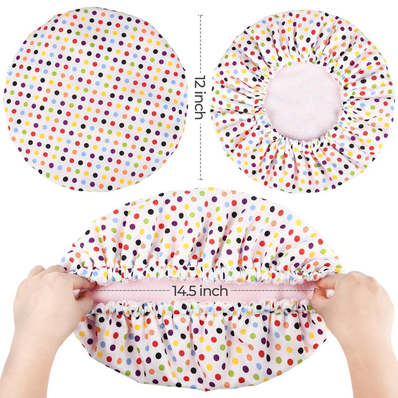 Shower Cap for Women Terry Lined Bath Cap Large Reusable Waterproof Elastic Band Pink Point Shower Caps for Long Thick Hair Soft Bath Shower Hair Caps
