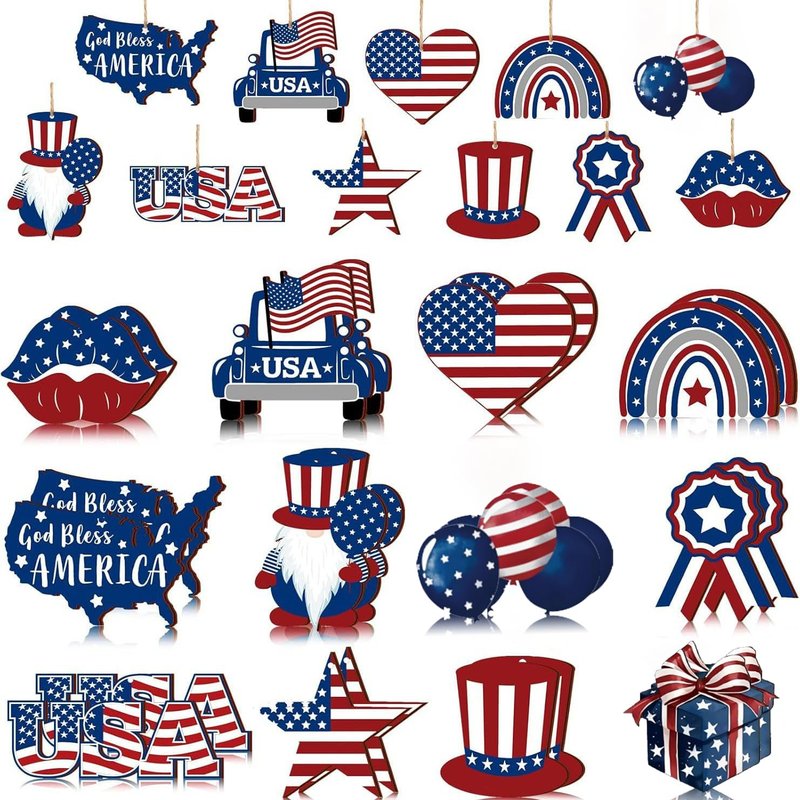 12 Pcs 4th of July Patriotic Hanging Ornaments Red White Blue USA Flag Wooden Decorations Independence Day Gnome Star Heart Car Ornaments for Home Party Tree Decor