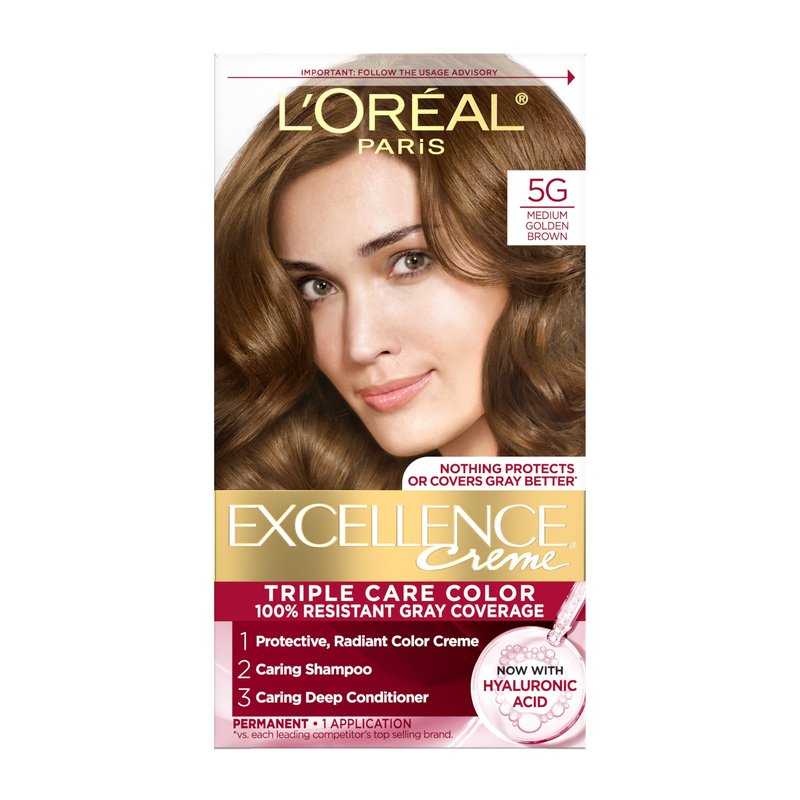 L'Oreal Paris Excellence Crème Permanent Hair Dye, Triple Care Hair Color with Hyaluronic Acid for 100% Gray Coverage, 5G Medium Golden Brown, 1 Kit (Packaging May Vary)