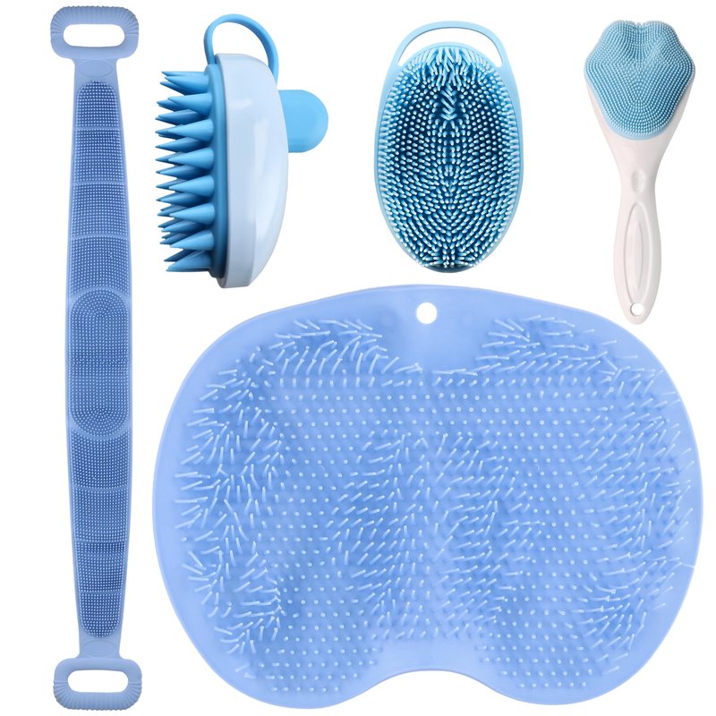 5 PCS Silicone Loofah Body Scrubber Care Set – Back Scrubber, Face Brush, Foot Scrubber, Shampoo & Scalp Brush, Silicone Body Scrubber with Handle (Blue)