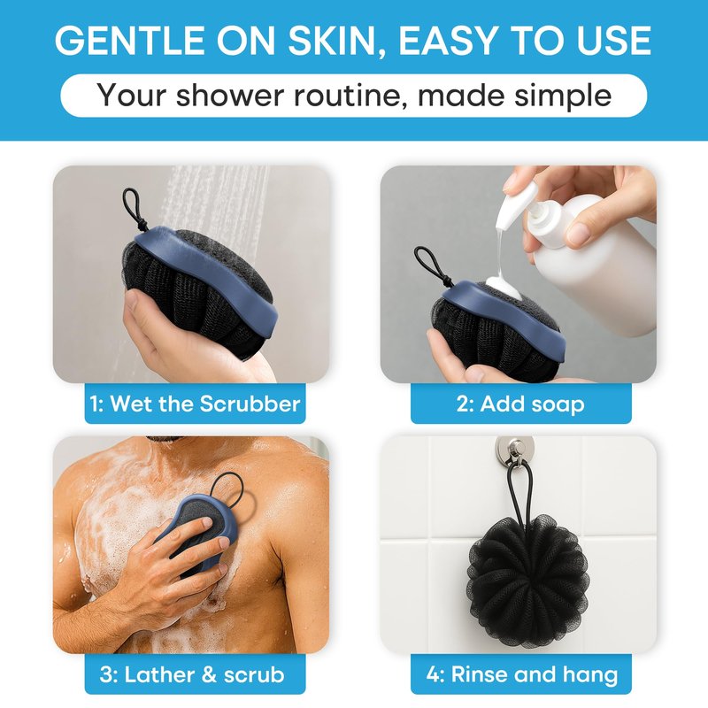 Shower Scrubber for Body 2-in-1 : 2 - Pack High Foaming Body Scrubber Exfoliator for Men, Ergonomic Shower Scrub, Deep Exfoliating Travel Bath Brush Loofah for Women, Durable Skin Wash Tool