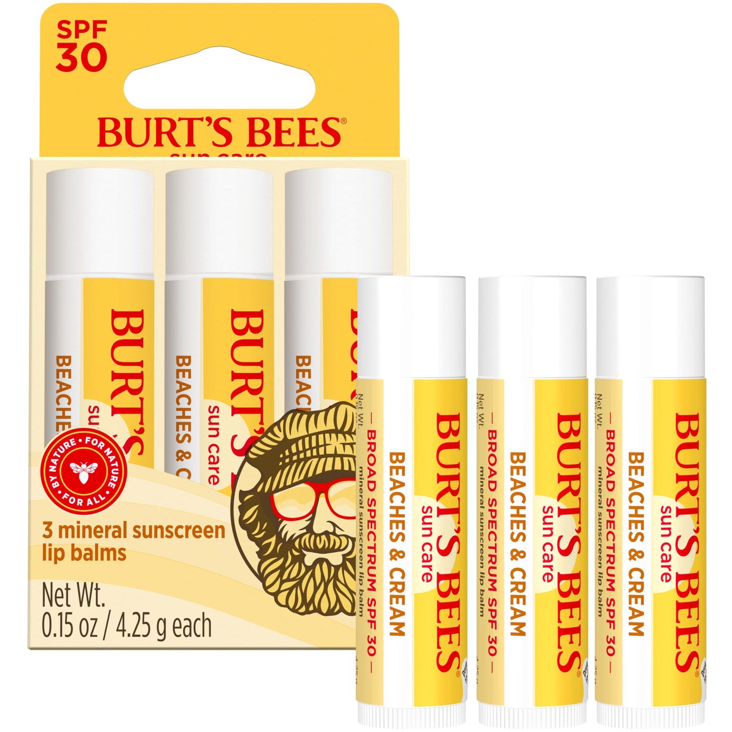 Burts Bees SPF 30 Lip Balm, Beaches and Cream, Water-Resistant Sun Care, Nano-Free Zinc Oxide Formula, Natural Origin Conditioning Lip Treatment, 0.15 oz., Three Tubes
