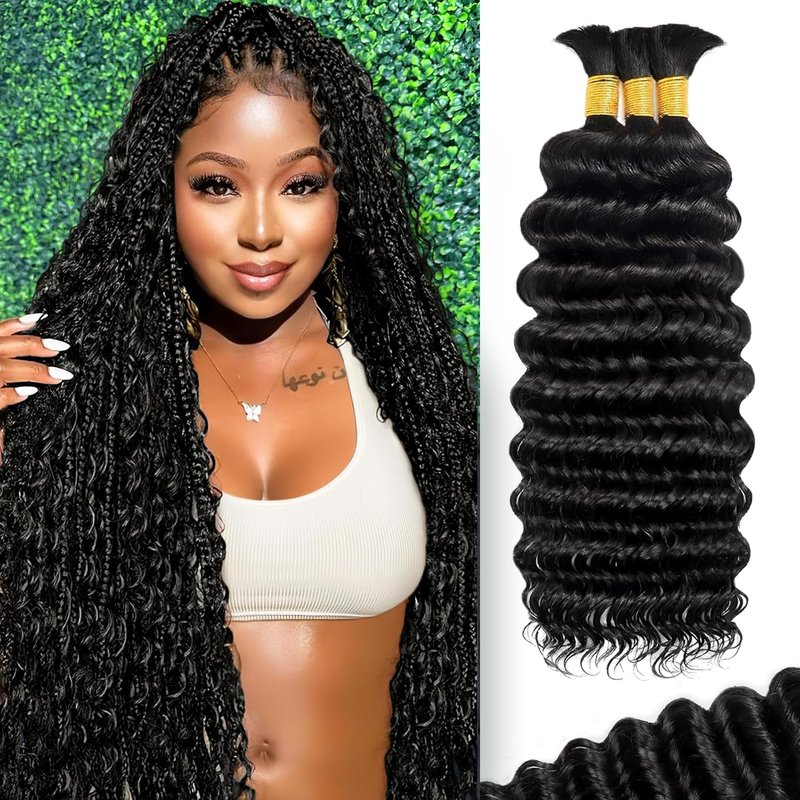 BIZVUS Human Braiding Hair for Boho Braids 110g Curly Boho Hair for Braiding Knotless 12A Wet and Wavy Bulk Bohemian 3 Bundles/Pack Deep Wave 100% Human Hair Extensions Natural Color 16inch