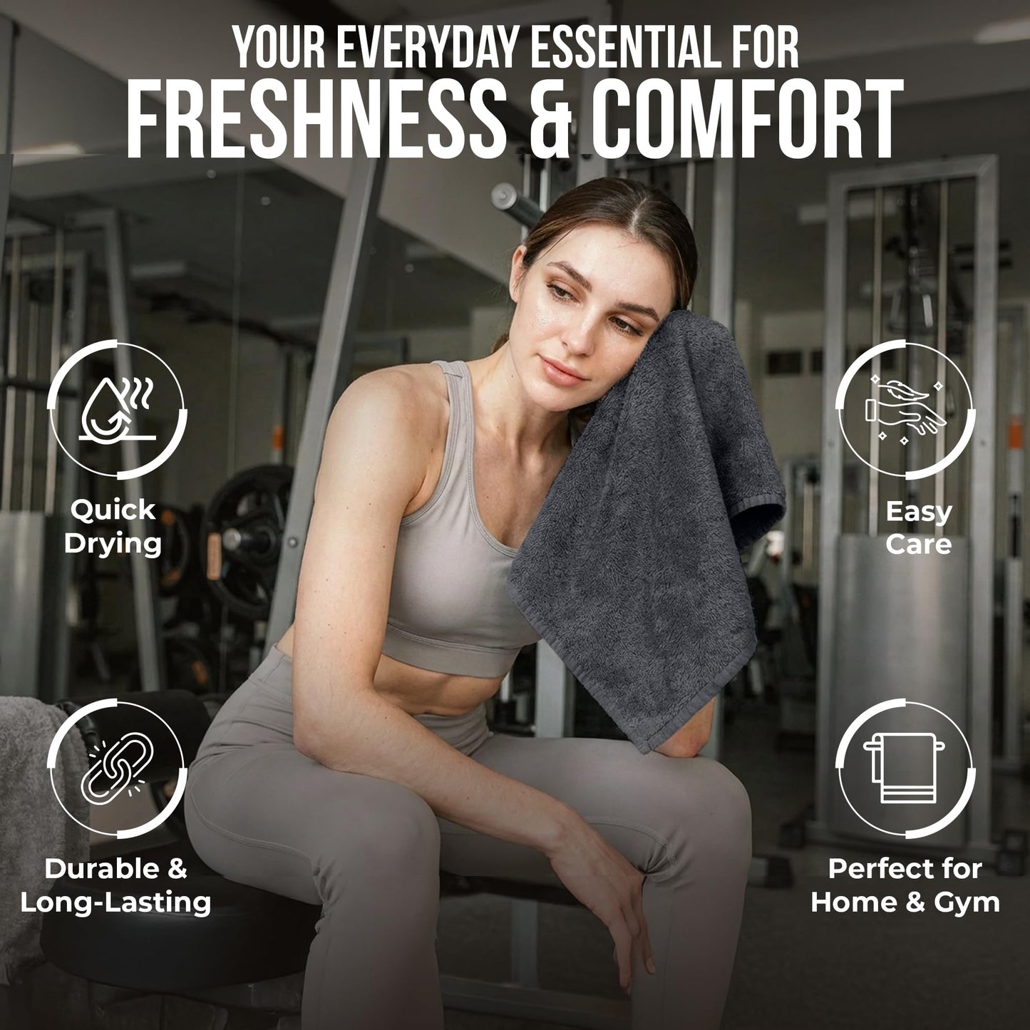 RIVERSIDE 12-Pack Premium 100% Cotton Gray Face Towels for Bathroom [12x12] - Reusable Luxury Face Wash Cloths for Showering - 550 GSM Super Soft & Absorbent Washcloths for Body, Spa & Gym