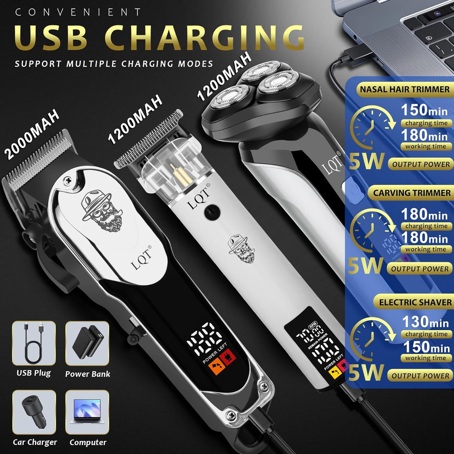 Skiennix Professional Barber Kit - Cordless Hair Clipper, Trimmer & Rotary Shaver Set | LED Display, USB-C Rechargeable, Low Noise