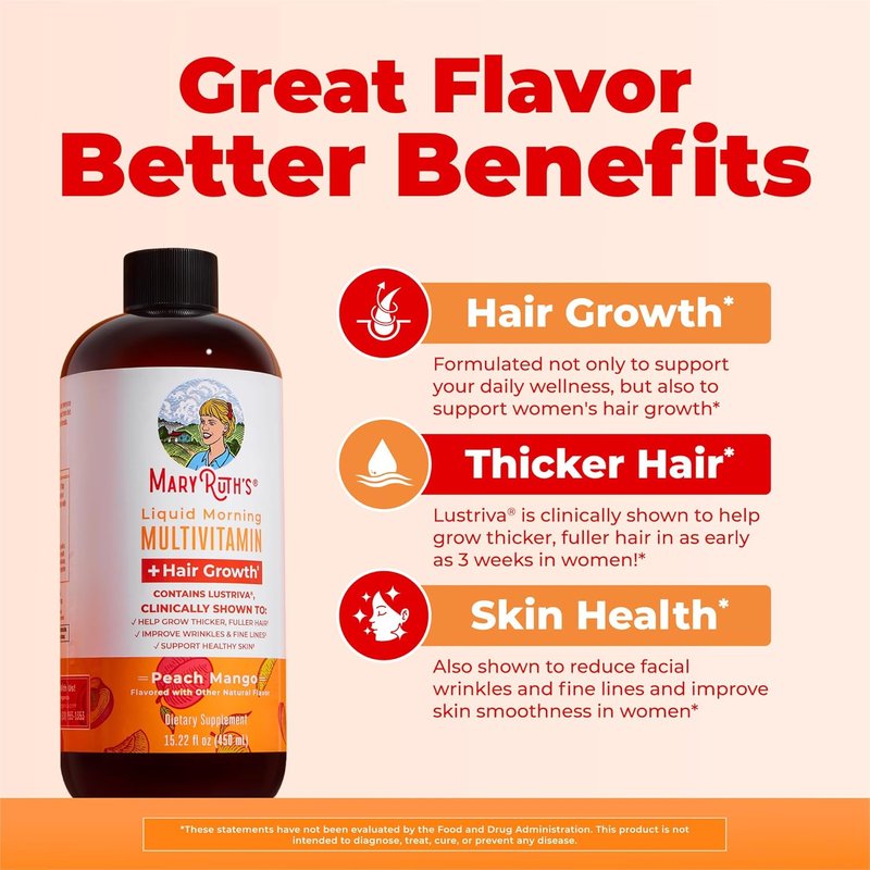 MARYRUTH'S Liquid Multivitamin for Hair Growth - Biotin 10000mcg | Clinically Tested for Thicker Hair & Skin Care | 15.22 Fl Oz