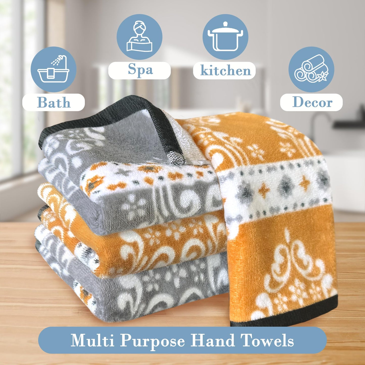Print Hand Towels for Bathroom (15"x25", 4PC) - 100% Cotton | Not Thick | Soft | Absorbent | 400 GSM | Fluffy, Bathroom Towels Decorative Set for Guest/Daily Use, 2 Gray Damask + 2 Gold Damask