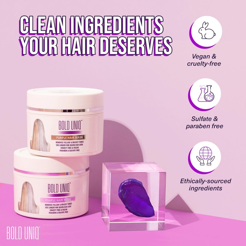 Bold Uniq Purple Hair Mask - Toner For Blonde, Platinum, Bleached, Silver, Gray, Ash & Brassy Hair - Remove Yellow Tones & Condition Dry, Damaged Hair - Cruelty Free & Vegan - 6.76oz