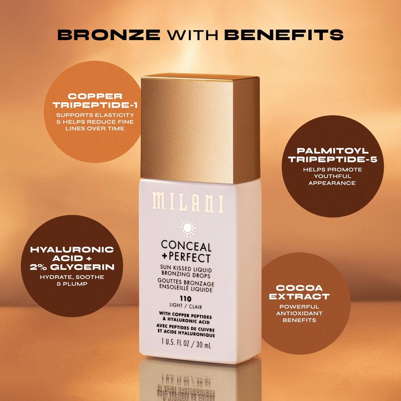 Milani Bronzer- Sun Kiss Bronzing Drops, Conceal + Perfect Liquid Bronzer for Sheer, Weightless Coverage & Hydration enriched with Peptides & Tripeptides - Medium