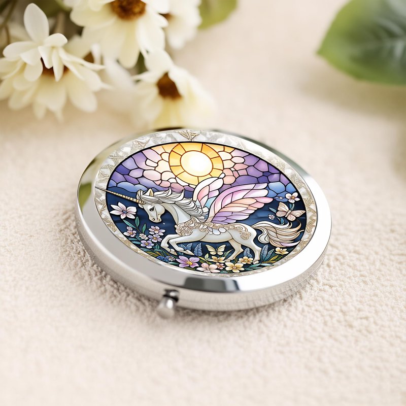 Silver Compact Mirror, 2.8x2.8inch Double-Sided Folding Makeup Mirror with Winged Unicorn Design, Ideal Gift for Women