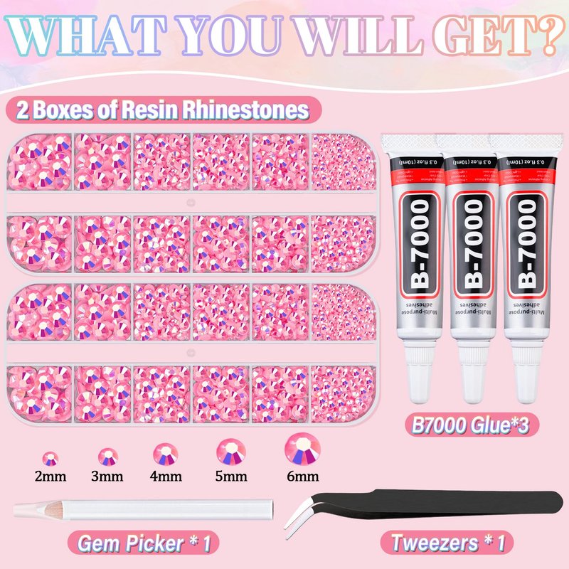 Resin Rhinestones for Crafting - 2 Boxes Pink AB Flatback Gems with 3Pcs 10ml B7000 Jewelry Glue | Ideal for DIY Nail Art & Bedazzling Projects