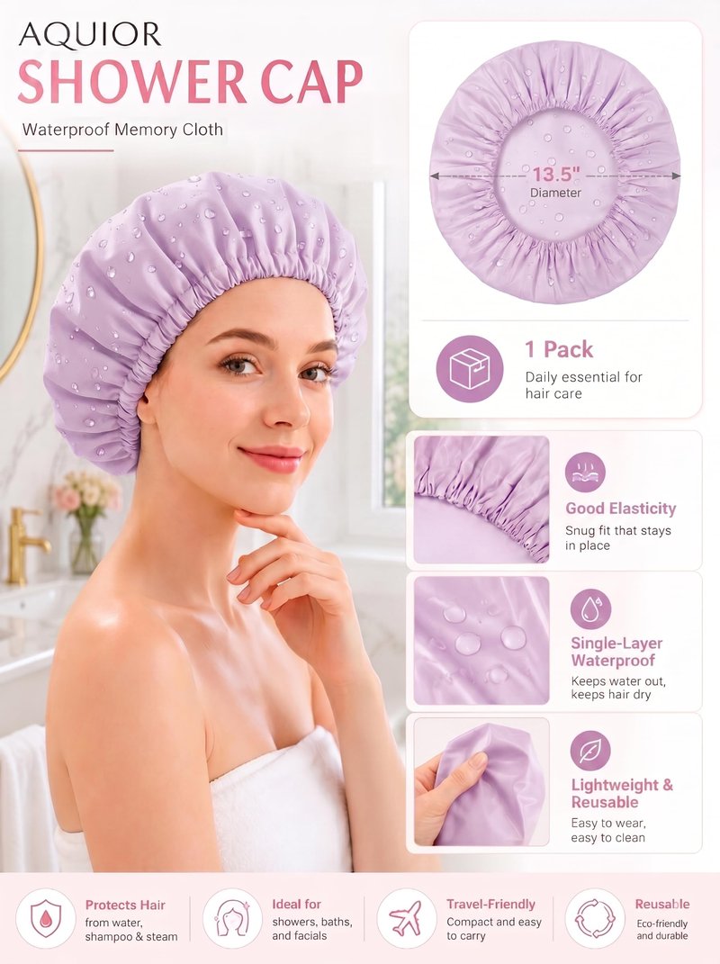 Aquior Shower Caps, Reusable Shower Cap for Women, Waterproof Layer Hair Cap, Large Size for All Hair Lengths,for Girls Spa Home Salon Use (Purple)