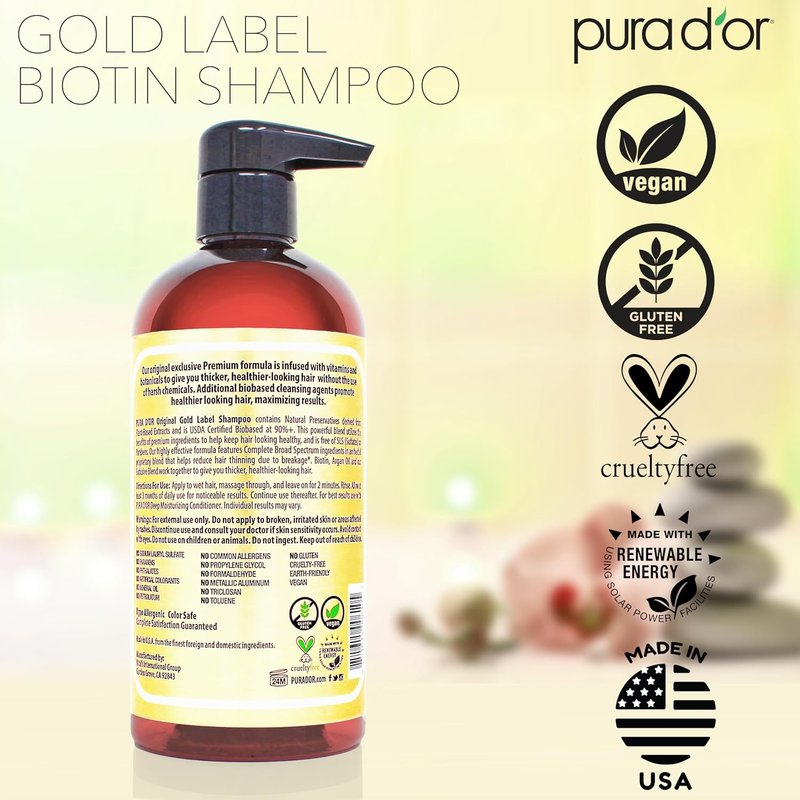 PURA D'OR Anti-Thinning Shampoo - Biotin & Argan Oil for Fuller Hair | Sulfate-Free, 16 oz