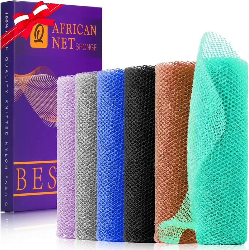 African Bath Sponge Set - 6 Exfoliating Net Body Scrubbers for Daily Use | Purple, Gray, Blue, Black, Brown, Green