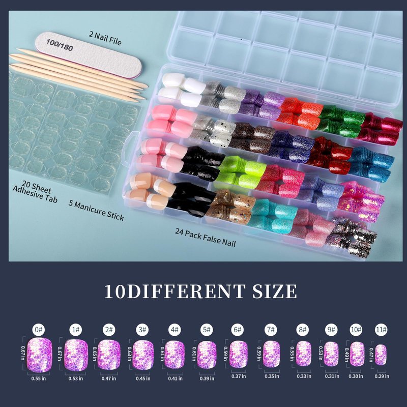 FANDAMEI Press on Nails, 24 Colors 576PCS Short Press on Nails Kit. Glossy Glitter Glue on Nails with Tabs. Fake Nails for Women, Girls, Kids, Teens. Natural Fit Lightweight for Christmas